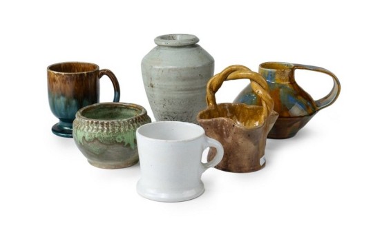 Six hand built pottery items