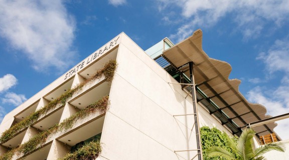 Exterior of State Library building. 