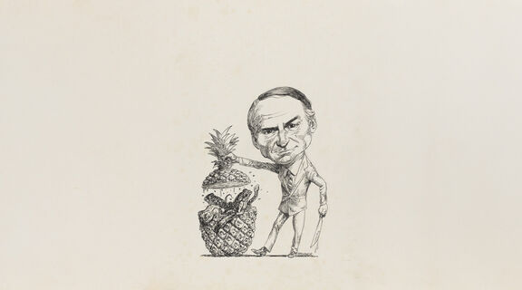 A black and white cartoon depicting Tony Fitzgerald holding the head of a pineapple in one hand, and a saber in the other. The cartoon reveals that inside the pineapple, are swathes of cane toads and snakes. The image is a metaphor for Tony Fitzgerald uncovering Queensland's corruption.